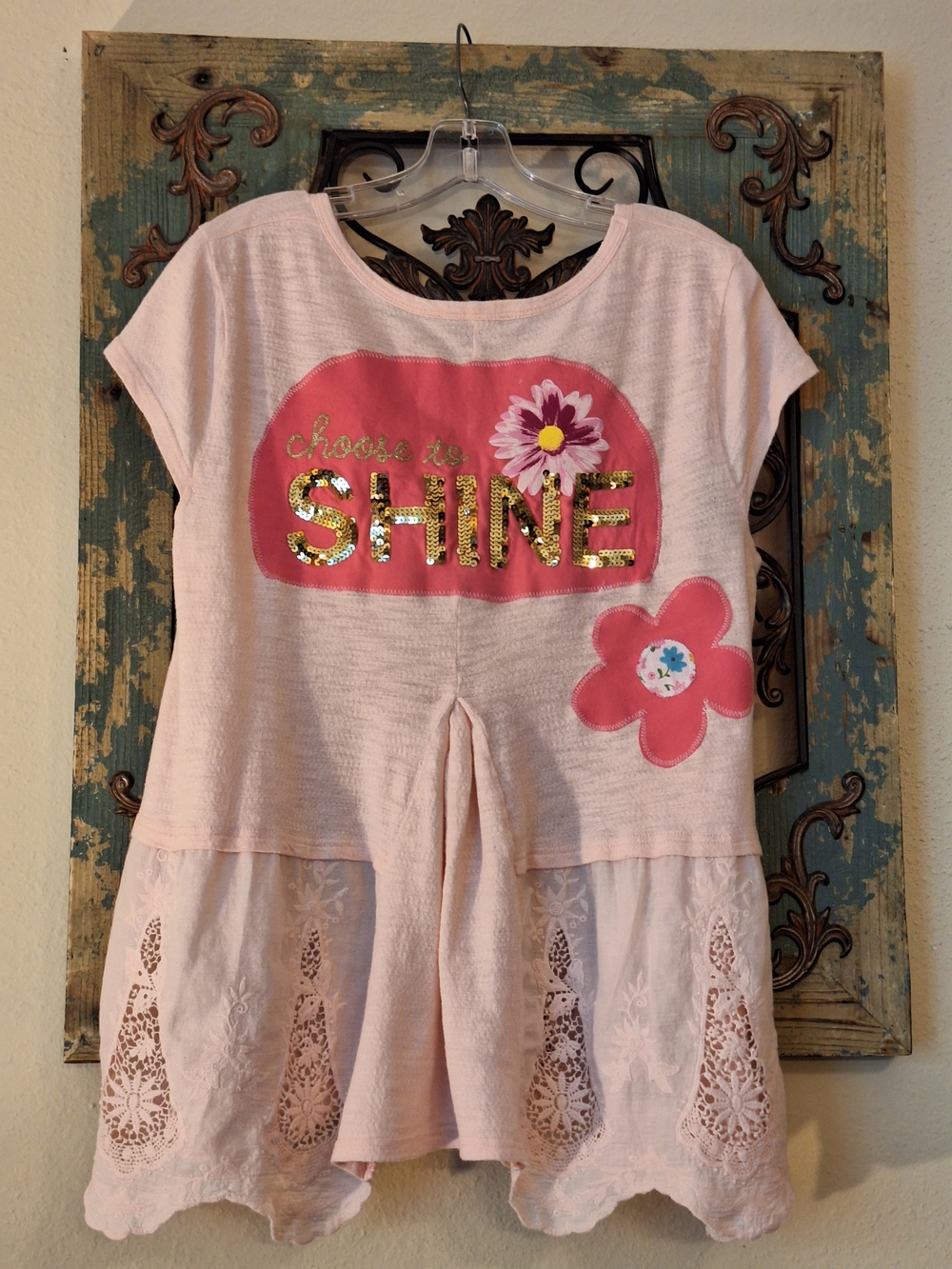 Women's Pink 'Choose to Shine' Sequin Top. Reworked Patchwork Size M/L